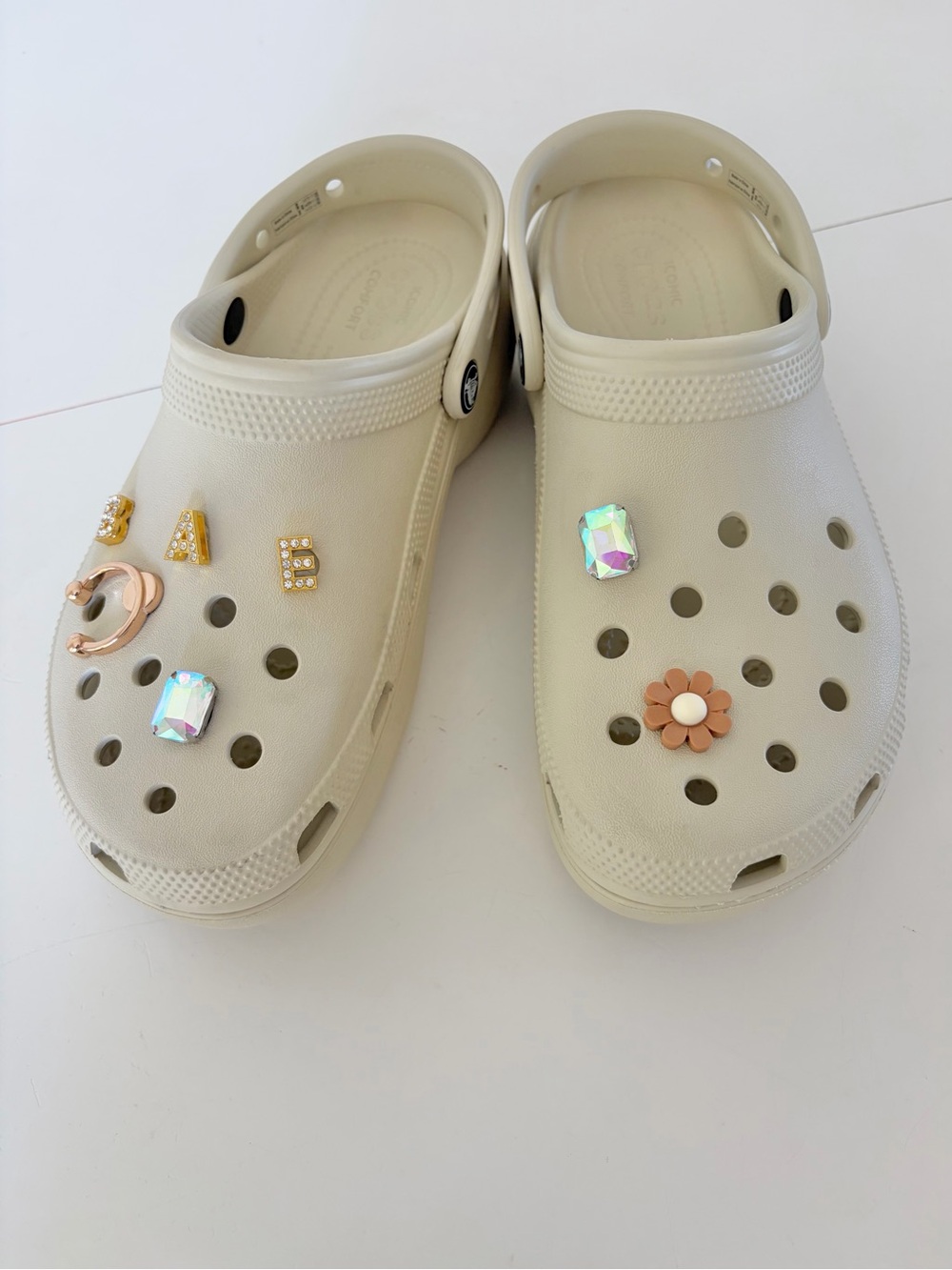 CROCS Women's Classic Platform Clogs In Bone With Bae, Gemstone, & Flower Charms